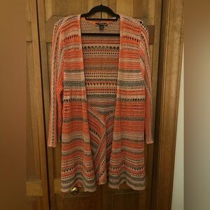 Style & Co. Women’s 1X Crocheted Orange Grey Boho Cotton Blend Longline Cardigan